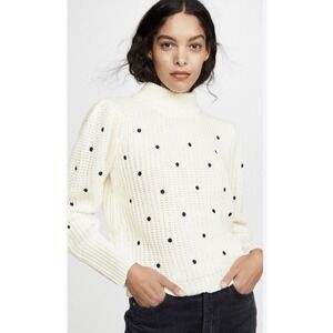 English Factory Ivory Black Embroidered Polka Dot Sweater Sz M Knit Puff Sleeve